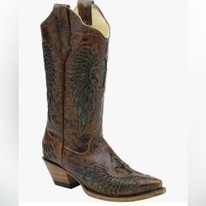 CORRAL Chestnut Turquoise Wing Fleur de Lis Snip Toe Cowgirl Boots Size 9.5